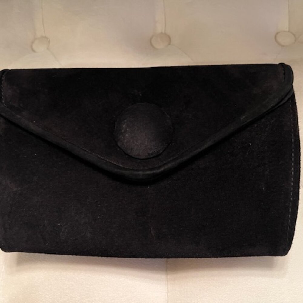 VINTAGE 1980's 1990's Rush Hour Black Suede Clutch Top Flap Snap & Should Strap